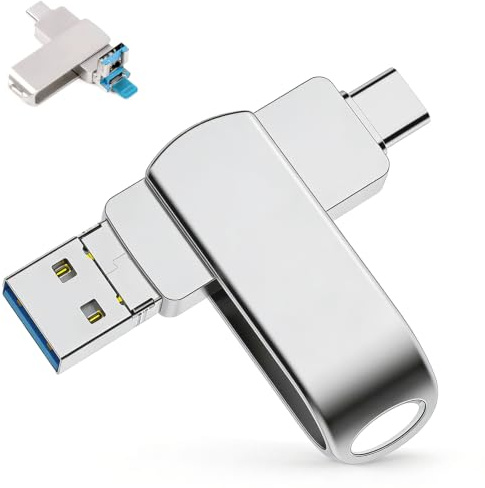 Memoria USB 2.0 4-en-1 de 256GB con Lightning/Type-C/Micro-USB/USB-A | Giratorio 360°, puede utilizar para iPhone, iPad, Mac, PC y Teléfonos Android