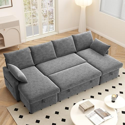 Winlice Corner Sofa Bed,104 U-Shaped Chenille Convertible Sleeper Sectional with Pull-Out Function & Storage Chaise, 3-in-1 Sofa Bed Couch for Living Room, Dark Grey
