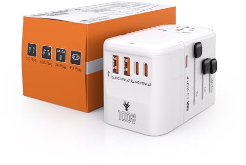 Adaptador de Enchufe Universal de 100W GAN con 3 USB-C(C1 Puerto PD Carga Rápida) y 2 USB-A Adaptador Universal, Adaptador Universal de Viaje para Europa EE.UU. Reino Unido Australia China Japón