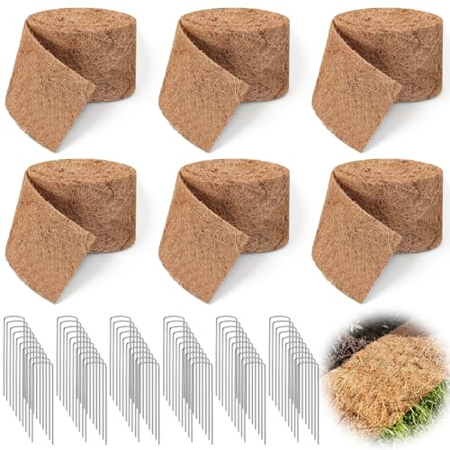 Tinideya Lot de 6 rouleaux de paillis naturel pour aménagement paysager, 200 x 11,4 cm, tapis de paillage en fibre de coco avec 60 piquets en acier en forme de U épais pour jardinière, jardin, légumes