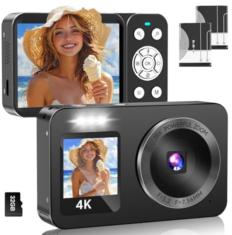 Digitalkamera 4K 64 MP, Dual-Display 18X Digitalzoom, Mini-Kompaktkamera für Vlogging (tragbar), inkl. 2 Akkus, ideal für Kinder, Teenager, Schüler, Anfänger