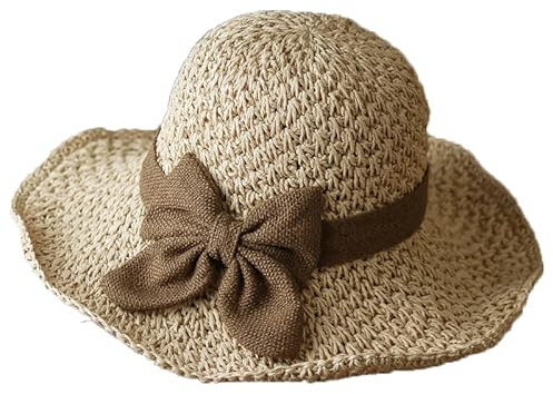 YAMEE Womens Straw Sun Hat, Packable Wide Brim Beach Hat with Bow, Lightweight Foldable Summer Travel Bucket Hat