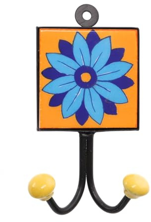 GURU SHOP Doppelwandhaken, Garderobenhaken mit Handgefertigter Blue Pottery Keramik Fliese - Modell 14, 15x8x4 cm