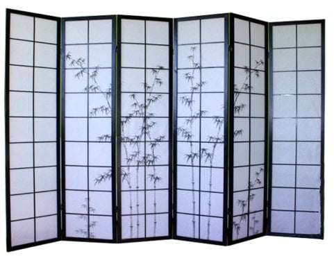Paravent japonais en bois noir avec dessin bambou de 6 pans -PEGANE-
