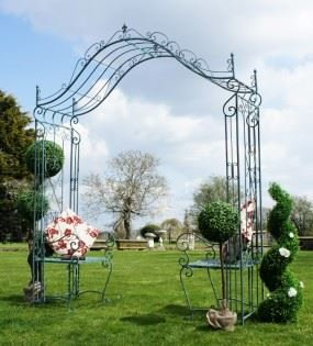 Black Country Metal Works Beau Brummell Wrought Iron Garden Seat with Garden Arbour design in Antique Pale Blue