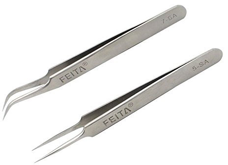Pinces à cils - FEITA Precision Extension de cils Set de pincettes - Pince à épiler très fine pointue droite et incurvée professionnelle pour extensions de cils - Argent - 2Pcs