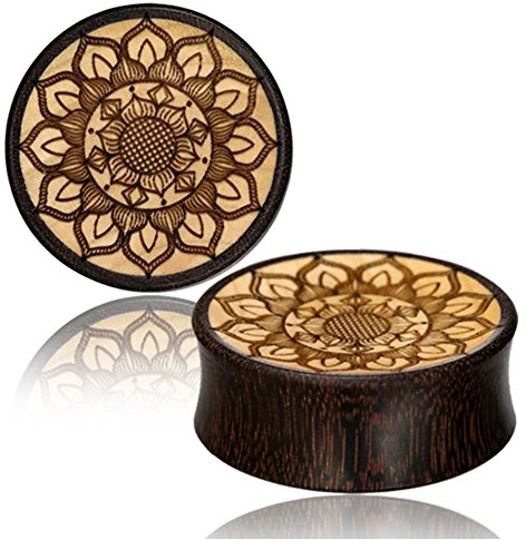 CHICNET Plug Holz Tamarinde Krokodilholz hell dunkel Mandala Blüte Gravur 10 mm