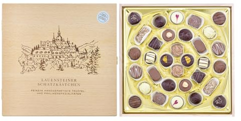 Lauensteiner Schatzkästchen | 400g Trüffel und Pralinen | 32 Pralinen ohne Alkohol | Geschenk in Buchenholzbox