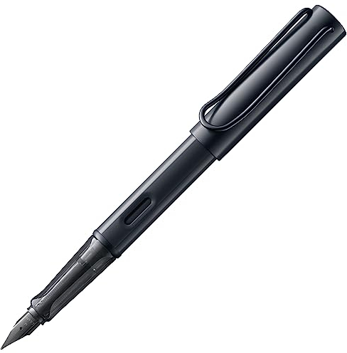 Lamy AL-star black Füller – Füllhalter mit ergonomischem Griff & schwarzer Linkshänder-Stahlfeder (LH) in Strichbreite M – leichtes Aluminiumgehäuse – inkl. Tintenpatrone T 10 blau