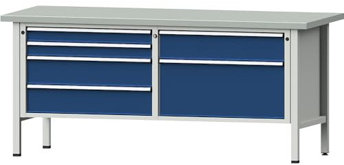 Werkbänke 2000 mm breit, Gestellbauweise, 6 Schubladen, Stahlblechbelagplatte, Höhe 890 mm.