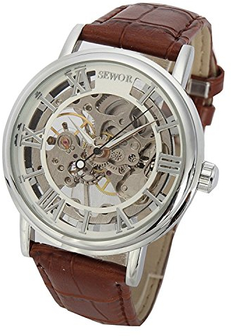 SEWOR Herren Mechanische Skelett aufziehbar transparent Armbanduhr mit Vintage Style (Weiß).