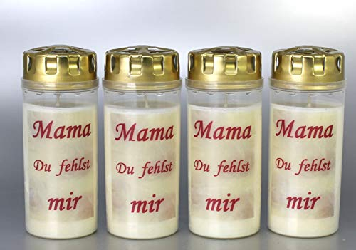 4 Stück Grablichter, Grabkerzen, 4er Set mit Spruch Mama, Größe 16x6 cm - Brenndauer ca. 4 Tage je Grablicht – Elegante Gedenkkerzen, Trauerkerzen mit Spruch. (3908)