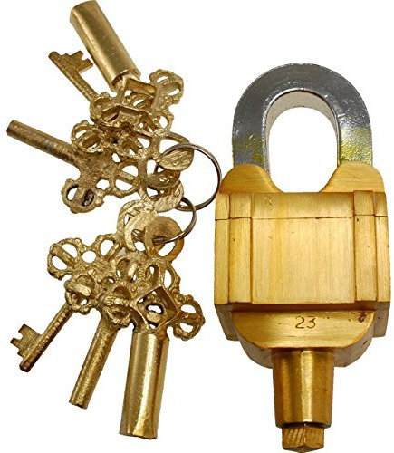 Brass Blessing: Vintage Style Padlock with Keys, Functional Brass Padlock, Type: (6 Square Keys, Gold Finish)