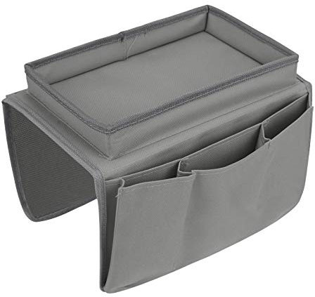 IPENNY Anti-Slip Couch Sofa Armrest Organiser Chair Bedside Storage Pocket TV Remote Holder Bed Storage Pocket Bag for Cellphone Notepad Book Magazines Holder Pouch (#D3-Grey (with top tray))