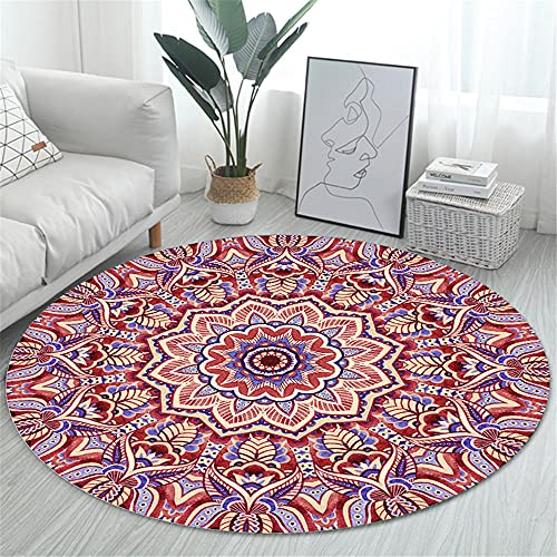 Morbuy Runder Teppich Innenbereich, Nordischer Stil Flur Teppich Polyester Wohnzimmer Fussabstreifer rutschfest und Waschbar Praktische Fußabtreter - Roter Mandala-Druck (80cm,Dunkelrot)