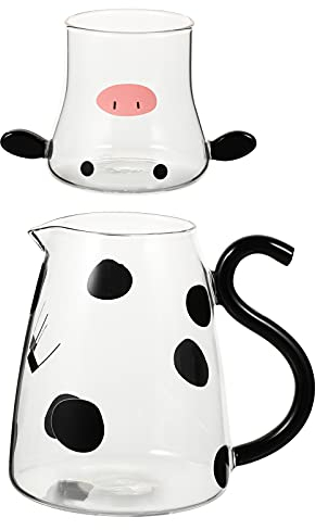 1 Set Glass Carafe Pitcher with Glass Mug Cute Cow Glass Tea Pitcher Kettle Milk Jug Night Water Carafe for Midnight Drink Home Office Hotel 550ml