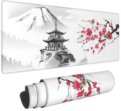 Japanische Kirschblüten-Pavillonhalterung, Fuji-Gaming-Tastatur, Mauspad, Zubehör, riesige, verlängerte XL-genähte Kante, Gummisohle für Zuhause Office (74 x 40 cm)