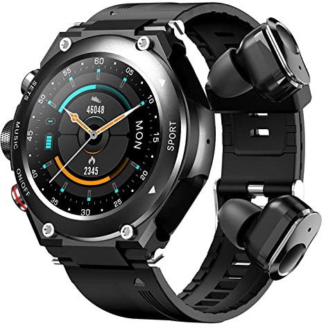 Reloj Inteligente 2 en 1 con Auriculares, Reloj Inteligente con Bluetooth Integrado, Altavoz, rastreador de Actividad física, Altavoz, grabación, termómetro Corporal,Negro