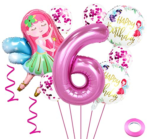 Weenkeey 6 Jahre Feen Geburtstag Deko Großes Fee Folienballon 6. Geburtstag Feen Ballon Rosa Zahl 6 Luftballon für Mädchen Geburtstag Party