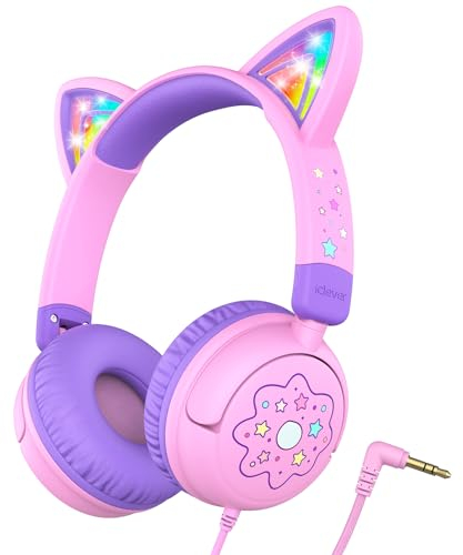 iClever Kinder Kopfhörer, LED Beleuchtetes Katzenohr, 85dBA Sichere Lautstärke, Stereo Sound, Faltbare 3,5mm Kleinkind Kopfhörer mit Kabel für iPad, Tablets, Schule, Reisen