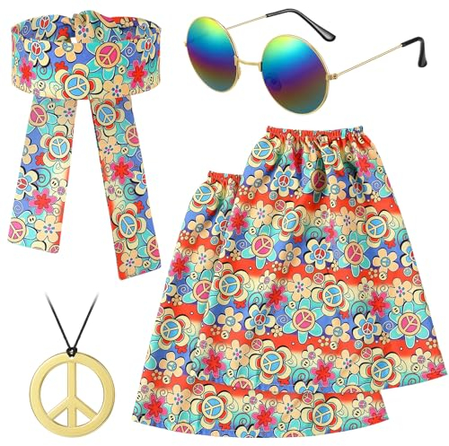 Hestya 4 Stück Hippie Kostüm Damen Set 60 70er Jahre Hippie Outfit Stirnband Beinstulpen Frieden Zeichen Halskette Sonnenbrille Accessoires für Karneval Mädchen Frauen(Bunt)
