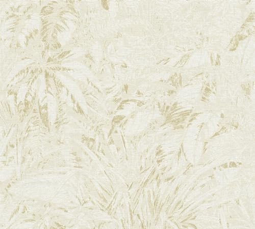 A.S. Création Smart Surfaces papier peint intissé floral avec feuilles de palmier 10,05 m x 0,53 m - beige, blanc, or - papier peint à motif de feuilles Made in Germany - 395601