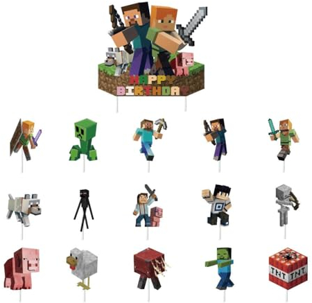 Pixel Miner Cake Ornaments - Game Themed Party Decorations, 16Pcs Set for Boys Kids