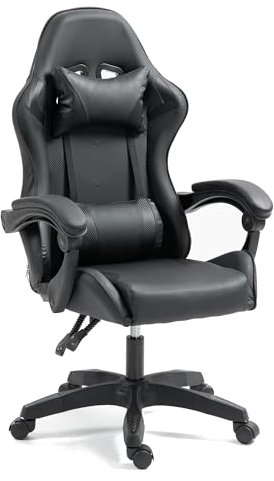 Home Treats Gaming Chair BLACK Recliner with Adjustable Height, Lumbar Support Padded Cushion, Racing Bucket Seat With Headrest Ergonomic Office Chair Perfect For Home Office, Computer Chair (Black)