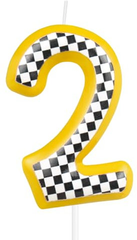 mciskin Racing Cars Birthday Candles, Yellow Cars Number 2 Candles for Cake,Girl Boy 2nd Birthday Decorations, Black and White Stripes Racing Theme for Girls Boys Men Birthday Party Supplies
