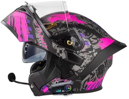 YPDOPORA Casque De Moto Bluetooth avec Double Visière, Casque De Moto Intégral Modulaire Rabattable Approuvé par Le Dot, Casque De Vélo De Rue pour Hommes Et Femmes,Rose,S55~56cm