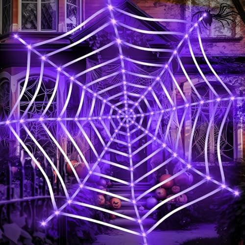 NEMMXUB 3.6m Led LED Halloween Dekor Spinnennetz mit Lichter, 135 LEDs Lila Lichter Runde Riesige Spinnennetz Deko mit 8 Modi, Spinnennetz Lichter für Halloween Outdoor Dekoration Garten Wasserdicht