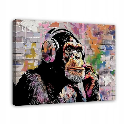WallArena Leinwand Bilder Affe Banksy - 100x70 cm - Street Art Musik | Leinwandbilder, Bild auf leinwand, Wandbild XXL groß Wandbilder für Wohnzimmer Schlafzimmer Wohnzimmerbilder