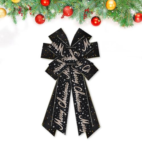Hying Large Christmas Bows for Wreath, Christmas Words Wreath Bow Glitter Black Velvet Bows Xmas Tree Topper Bows Ornaments for Front Door New Year Christmas Party Decoration Supplies