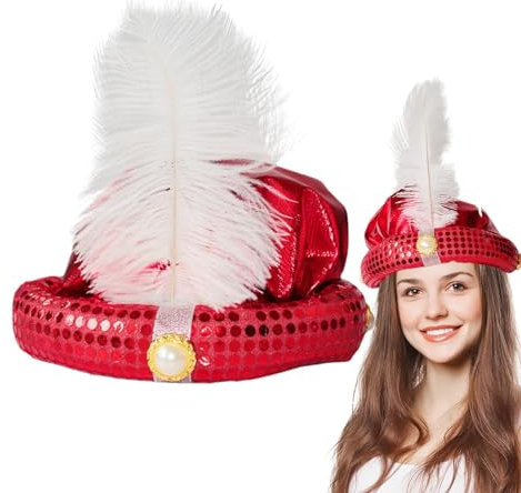 Aladdin-Kostümhut – Zauberteppich-Kopfbedeckung, Genie-Abenteuer-Zubehör | Fantasievoller arabischer Hut mit Feder und Perle. Wunderschöne Kopfbedeckung im Aladdin-Stil für Halloween-Mottopartys