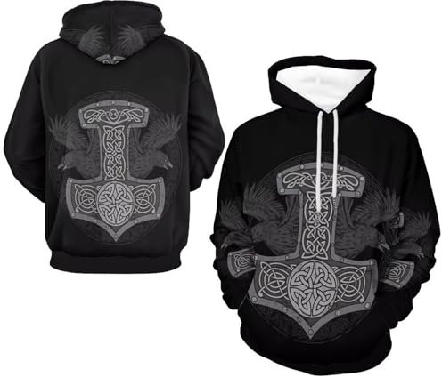 YUERYXH Nordischer Vintage Baum der Ewigkeit Kapuzenpullover, Herren-Neuheits-Sweatshirt in Großer Größe, EIN Geschenk für Wikinger-Liebhaber!(Hammer of Thor,2XL)