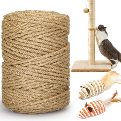 HezzLuv 328FT/100M Cat Scratching Sisal Rope, 6mm Thick Natural Jute Rope for Scratch Posts, Cat Trees, DIY Projects, Sisal Rope for Scratcher with 2 Mouse Toys (Natural, 328ft)