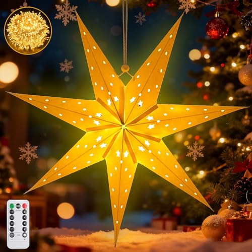 45cm LED Papierstern Beleuchtet zum Aufhängen,3D Weihnachtsstern Fensterdeko Weihnachten,Advents Leuchtstern Fenster mit Warmweiß Lampe,3D Leuchtsterne Weihnachten Fenster,Weiß Papierstern