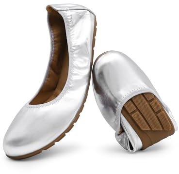 DREAM PAIRS Women’s Fold Up Shoes, Ballet Flats, Foldable Round Toe Dressy Comfortable Slip On Dress Shoes and Party Shoes,Size 5,Silver,DWUMFA2501