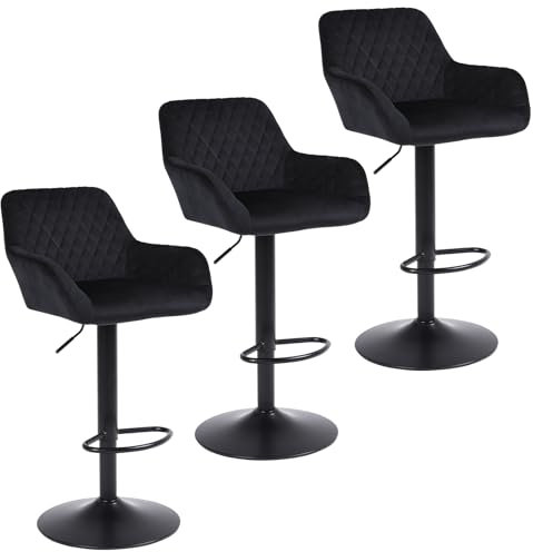 ralex-chair Barhocker 3er Set, Höhenverstellbare Drehbare Barhocker aus Samtstoff, Frühstücks-Esshocker mit Rückenlehne und Armlehne für Bar, Theke und Küche, Schwarz