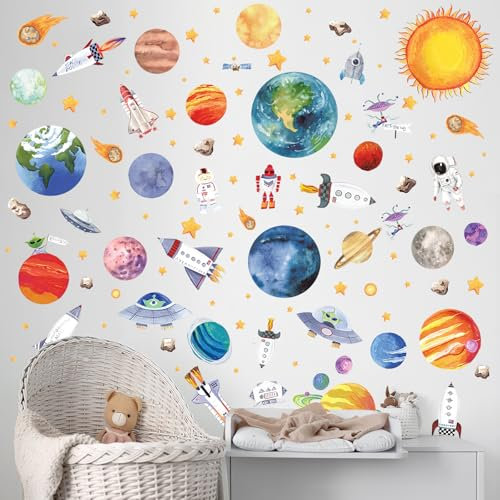 Pegatinas de Pared Vinilos Murales Autoadhesivos de Planetas y Astronautas Estrellas Fluorescente Papel Pintado Pared Infantil Decoración Habitación Infantiles Niño Bebé