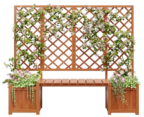 Fioriera con traliccio, fioriera con ampio spazio, fioriera in legno massiccio, con traliccio e seduta per giardino (marrone scuro)