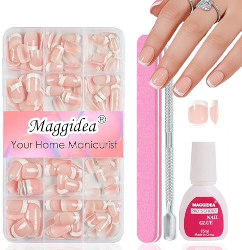 240Pcs French False Nails Short - Square Press On Nails Kit with White Tip for Women & Girls - 15 Sizes Full Cover Stick & Glue On Reusable Fake Nails - French Manicure Decorations