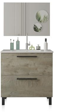 duehome | Mueble de Baño con 2 Cajones y Espejo, Modulo Lavabo, Modelo Sense, Acabado en Roble Alaska, Medidas: 80 cm (Ancho) x 80 cm (Alto) x 45 cm (Fondo)