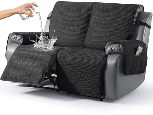 KinCam Wasserdichter sesselschoner, Fernsehsessel sesselschoner für relaxsessel mit Tasche, elastischen Bändern, Anti-Rutsch weich waschbar Sofa 2 Sitzer bezug für Kinder, Haustiere Schwarz