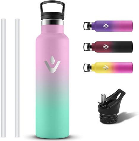 Grsta Botella Agua Acero Inoxidable, Botella Termica 750ml con Pajita y Filtro, Cantimplora Termica a Prueba de Fugas, Reutilizable Termo con 2 Tapones sin BPA para Gimnasio, Oficina, Bicicleta