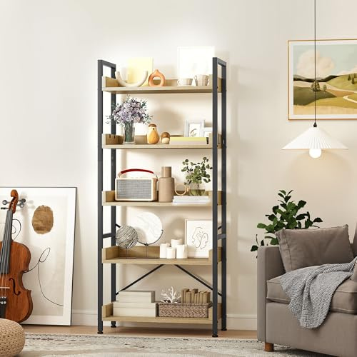 DWVO Hohes Bücherregal mit 5 Ebenen, bodenstehendes industrielles 64 cm breit, 160 cm hoch, großes Holzregal und Metallregal für Wohnzimmer, Zuhause, in Eichenfarbe