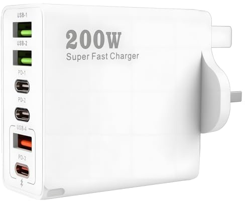 200W USB C Charging Station 6 Port GaN III Fast Charger Block with PD 100W 65W 45W 20W Multi USB C Hub Compatible with MacBook Pro Air Dell XPS iPhone 15 16 14 Pro iPads Galaxy S24 S23 Steam Deck