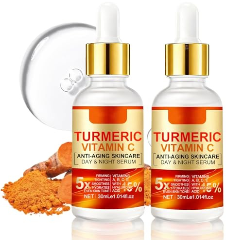 Turmeric Vitamin C Face Serum, 2-Pack Anti Aging Facial Serum with Collagen & Retinol Day Night Use Firming Hydrating Reduces Fine Lines Wrinkles, Firms Smoothes Skin Improves Skin Elasticity Texture