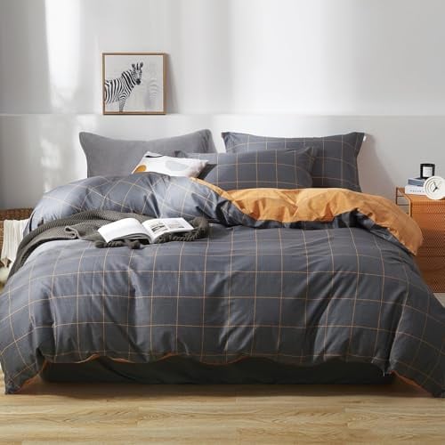 SAPHREAS Bettwäsche 200x220 Grau Bettwäsche Sets Baumwolle Grau Orange mit Karomuster Modern Bettwäsche 3teilig Kuschelige 2 Kissenbezüge 80x80 cm +1 Bettbezug 200x220 cm mit Reißverschluss
