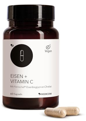 Medicom - Eisen + Vitamin C, hochdosierte Kombination, 60 Kapseln, Vegan | Energie, Immunsystem, Blutbildung, Kombiformel, Vegan, Pflanzlich, Tagesdosis, Wohlbefinden, Frauen, Sauerstofftransport